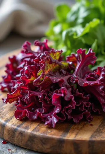 Ferskt rautt eikarlaufssalat með skærrauðum og grænum blöðkum á skurðarbretti