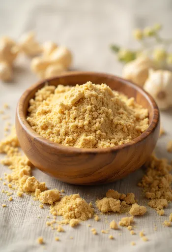 Ashwagandha-duft í lítilli krukku, jarðbrúnt að lit, umkringt ferskum ashwagandha-rótum