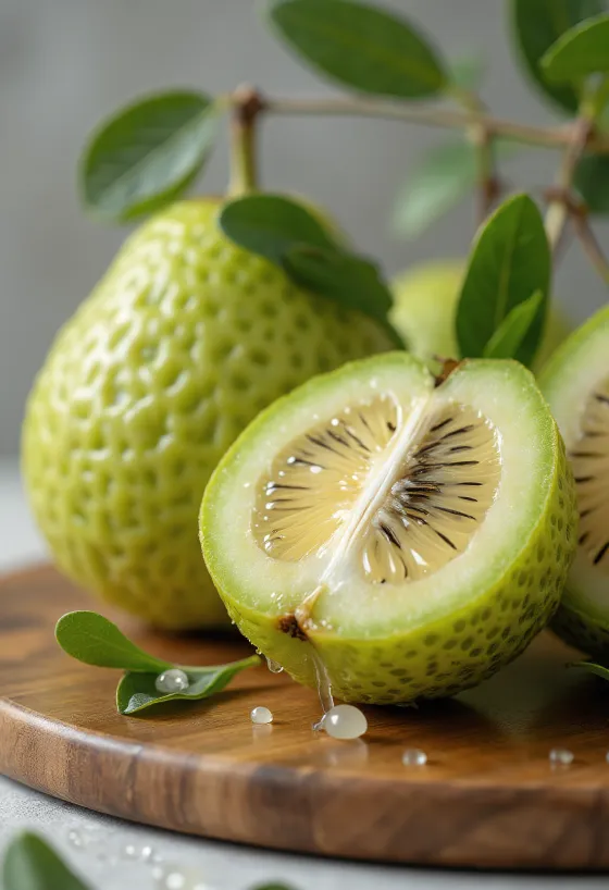 Feijoa ávöxtur, grænt hýði og safaríkt innvols