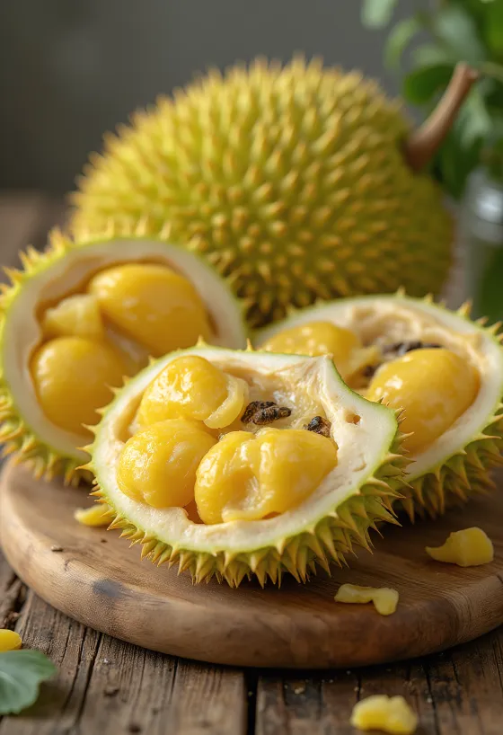 Jackfruit ávöxtur, gult trefjaríkt kjöt og grænt gaddótt hýði