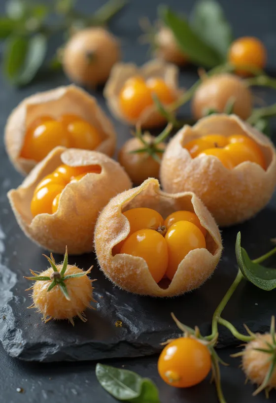 Blæjuber (Physalis), skær-appelsínugul ber með pappírskenndum ham
