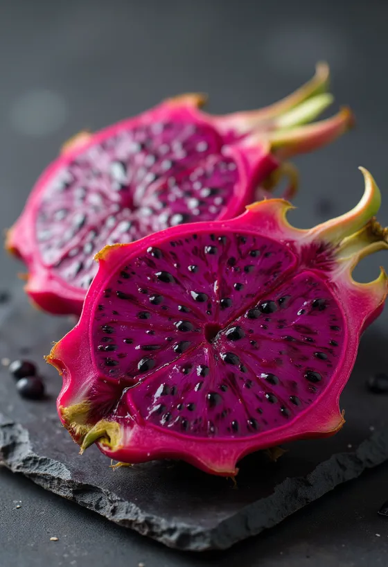 Drekaávöxtur (pitahaya), rautt aldinkjöt og svört fræ