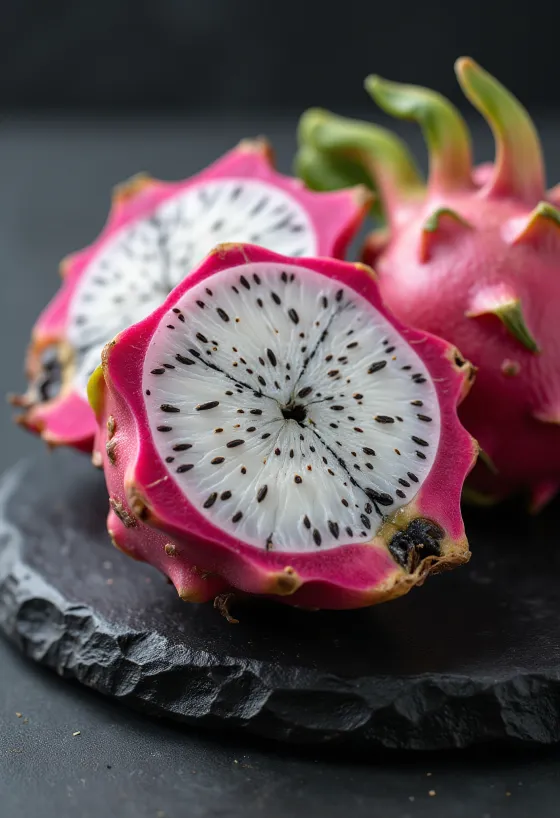 Drekaávöxtur (pitahaya), hvítt aldinkjöt og svört fræ