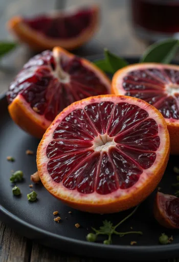 Blóðappelsínusneið, skærrautt aldinkjöt og fersk áferð