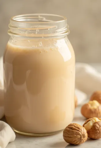 Heslihnetumjólk hellt í glas, við hliðina eru heslihnetur í skál