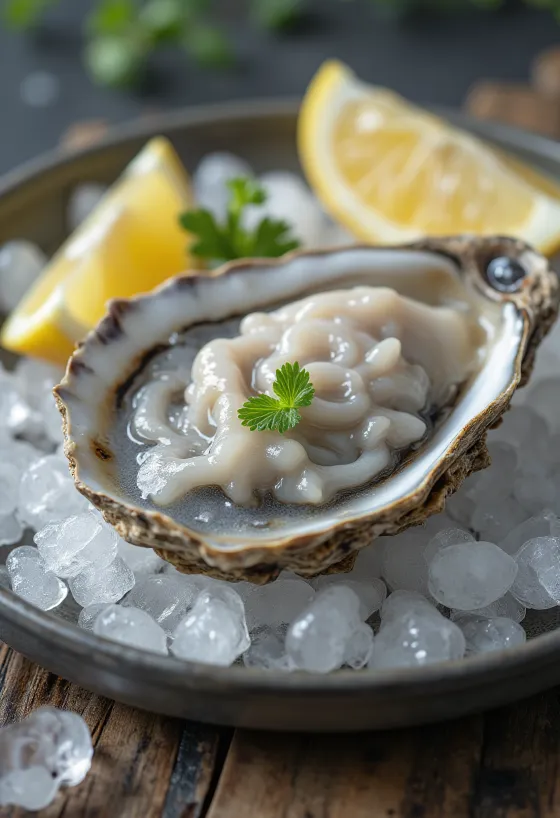 Ferskt hrátt ostruhold á ís, borið fram með sítrónu og kryddjurtum