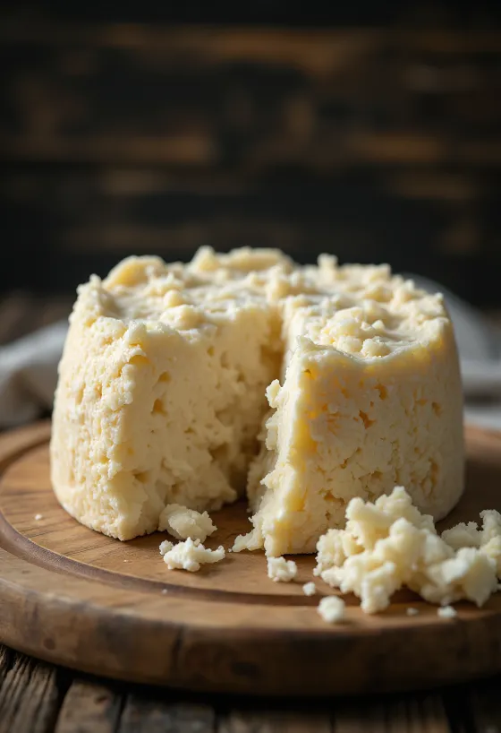 Ferskur Pecorino-ostur í hvítri leirskál á viðarborði