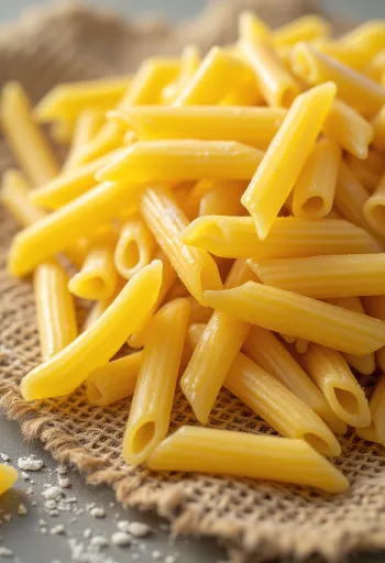 Þurrt, rifflað penne-pasta á viðarborði