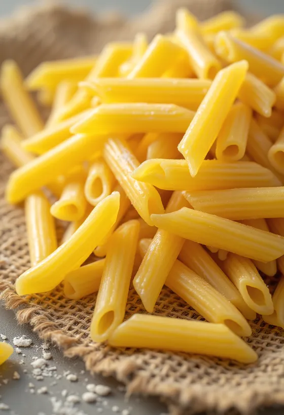 Þurrt, rifflað penne-pasta á viðarborði