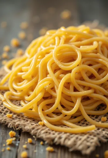 Þurrkaðar ramen-núðlur breiddar út á viðarflöt