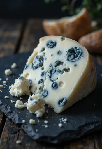 Ferskur Roquefort gráðaostur í hvítri keramík skál á tréborði