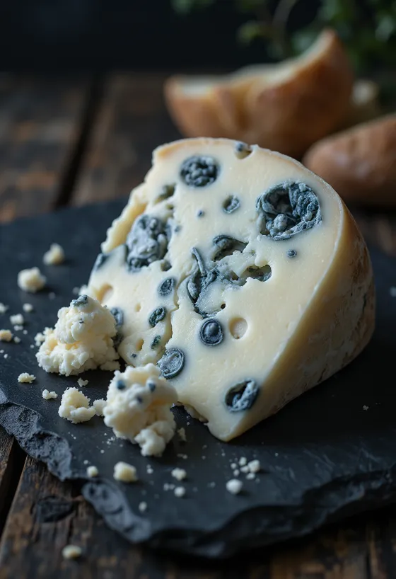 Ferskur Roquefort gráðaostur í hvítri keramík skál á tréborði
