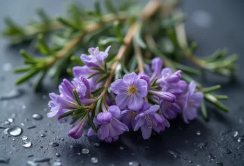 Fersk rósmarínblóm á hvítum diski, undirbúin fyrir matargerð