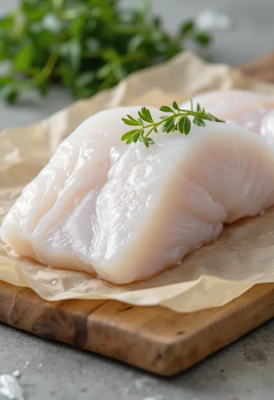 Sherrý-fiskflök með kryddum borin fram á viðarbretti