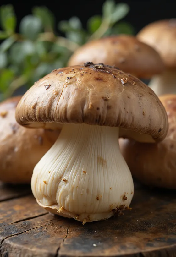 Ferskir shiitake-sveppir á bambusbretti með sojasósu og engifer