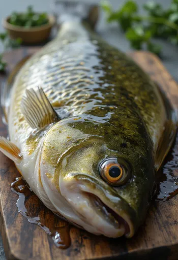 Fersk aborraflök með kryddi og sítrónu á trébretti