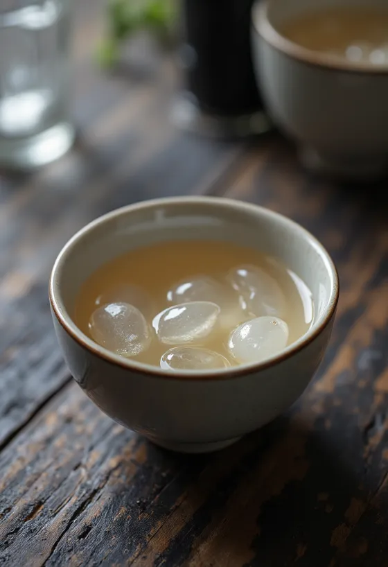 Hefðbundin sake-flaska og glas, með hrísgrjónum og koji-gerjun