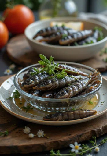 Ansjósuflök með kryddi og sítrónu á tréskurðarbretti