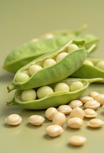 Sojabaunir í leirskál og dreifðar á tréborð, ásamt edamame belgjum og laufum