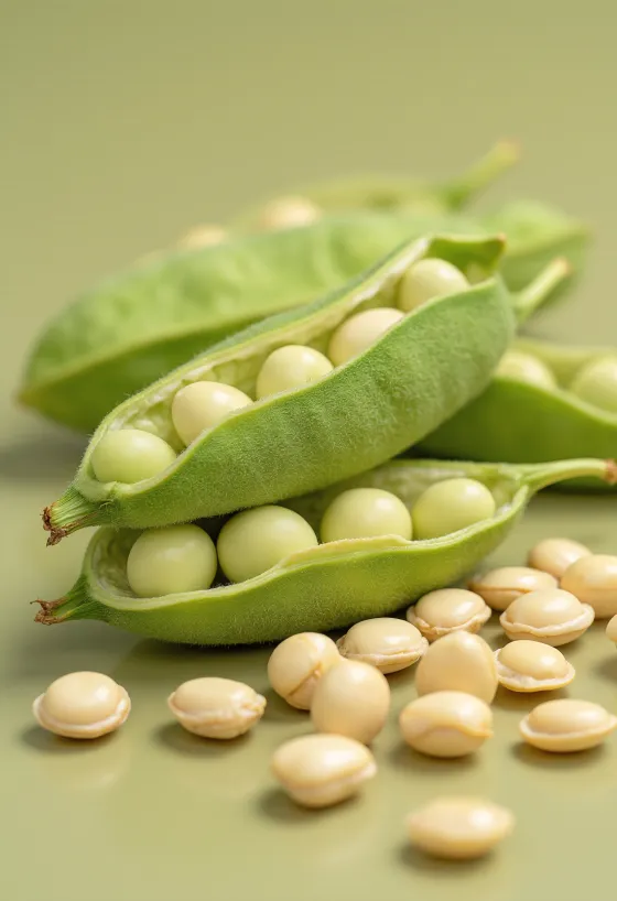 Sojabaunir í leirskál og dreifðar á tréborð, ásamt edamame belgjum og laufum