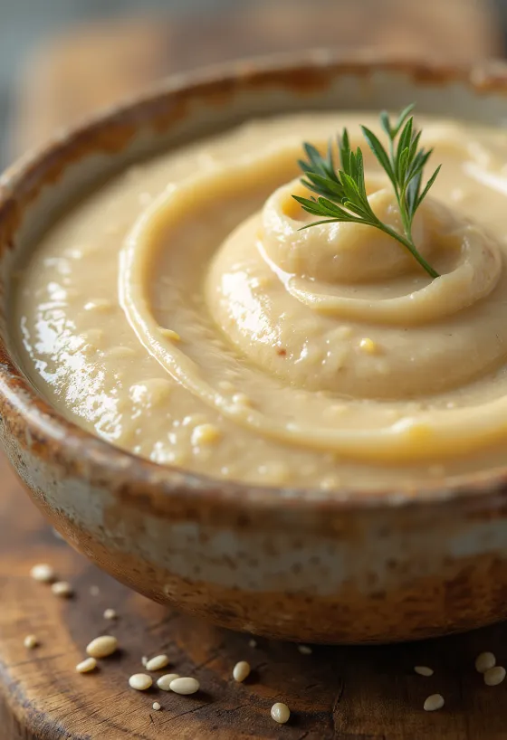 Rjómakennt tahini-mauk í skál, við hliðina sesamfræ