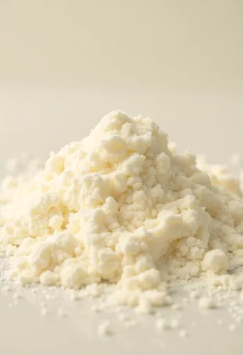 Mjólkurduft í rustískri skál með treskeið og dufti á borði