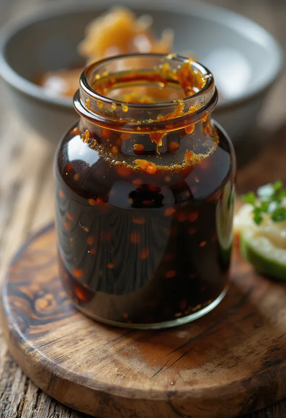 Gljáandi, dökkbrún teriyaki sósa í leirskál, við hliðina sojasósa, mirin, sake og brúnn sykur í litlum skálum