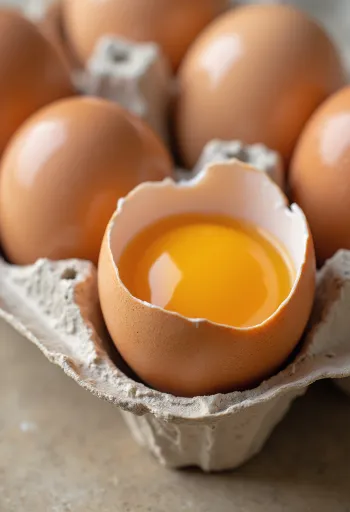 Brotið hrátt egg með rauðu og hvítu á trébretti