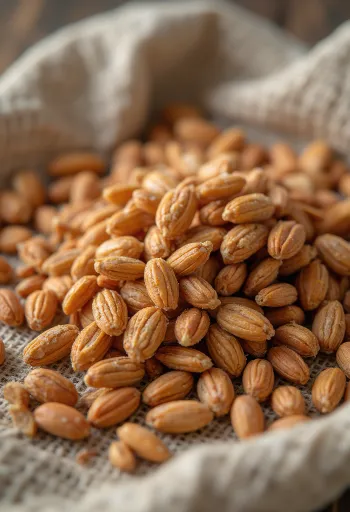 Speltkorn í sveitalegri keramíkskál, dreift á tréborð