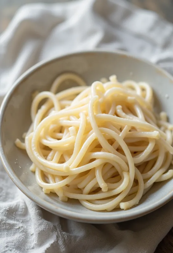 Þurrar udon núðlur í grófri skál á viðarborði í náttúrulegri birtu