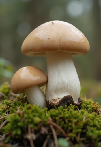 Ferskir kóngasveppir í skógareldhúsi, á tréborði