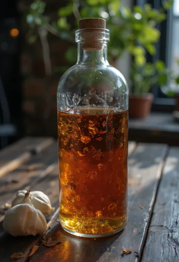 Flaska af rauðum vermút og glas á sveitalegu borði, með kryddum og ólífu