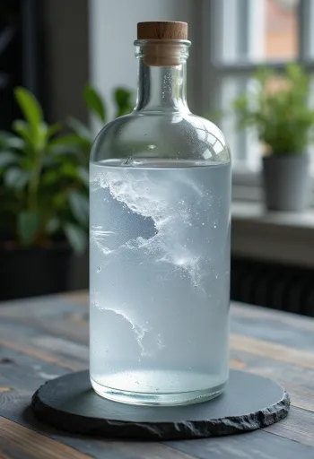 Hrein vodkaflaska og glas, með hveiti, kartöflum og ísmolum