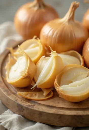 Heill og sneiddur laukur á sveitalegu borði