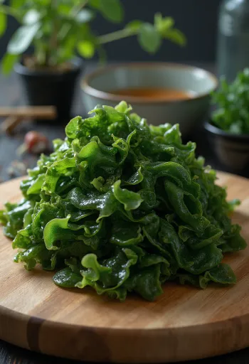 Þurrkaður wakame-þari á viðarfleti og í lítilli skál