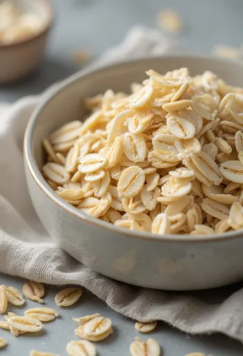 Hrá hafragrjón í keramíkskál, dreifð á viðarborð