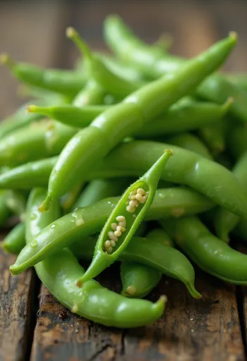Ferskir grænir baunabelgir á skurðarbretti, sumir skornir