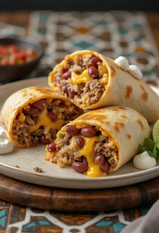 Klassískt burrito fyllt með nautahakki, hrísgrjónum, baunum og osti