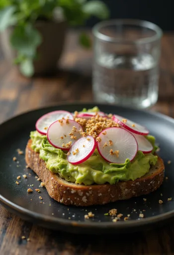 Smørrebrød með avókadó og radísum, borið fram með nýristuðu rúgbrauði