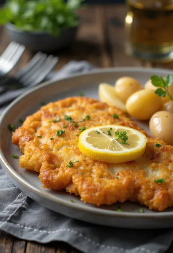 Pork schnitzel með kartöflum, stökkt svínakjöt og smjörsteiktar kartöflur