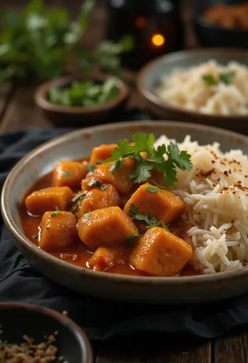 Pork Vindaloo borið fram með hrísgrjónum og ferskum kóríander