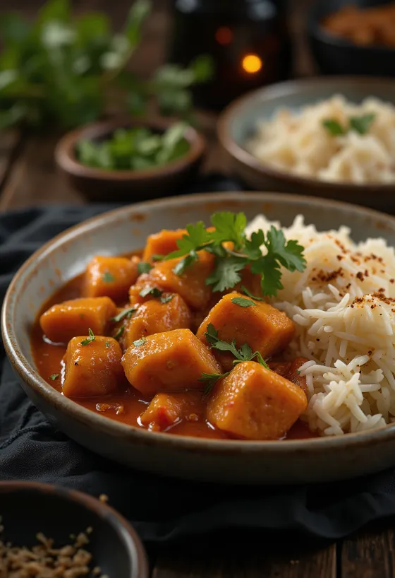 Pork Vindaloo borið fram með hrísgrjónum og ferskum kóríander