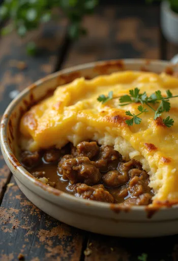 Shepherd’s pie borið fram með stökkri kartöflumús