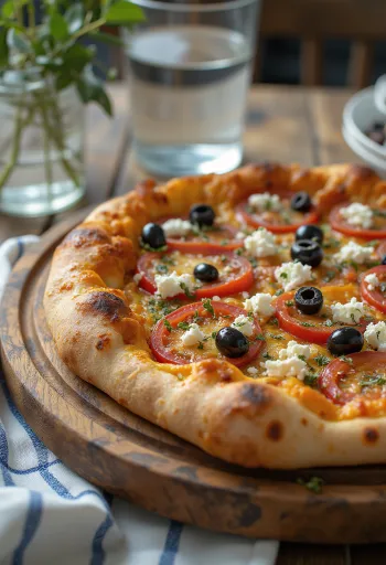 Pizza Greca með fetaosti, svörtum ólífum og ferskum tómötum