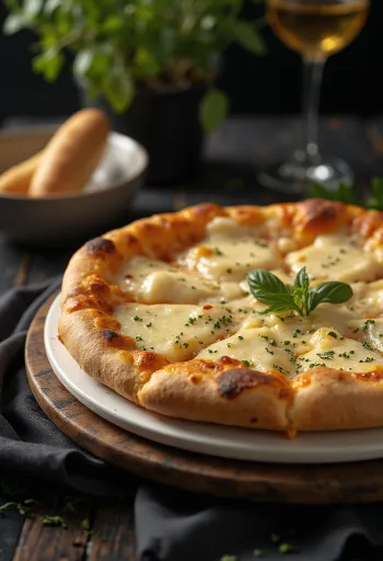 Klassísk Quattro Formaggi pizza borin fram