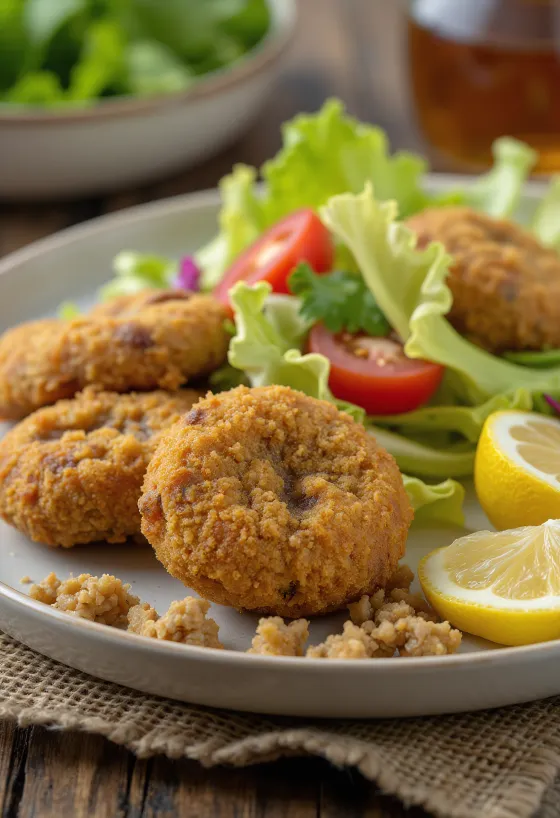 Djúpsteiktir sveppir bornir fram með fersku salati