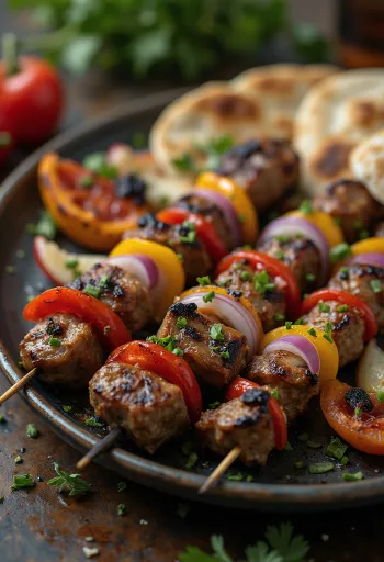 Shish kebab grillað kjöt og grænmeti á teini