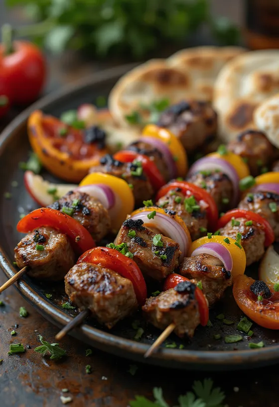 Shish kebab grillað kjöt og grænmeti á teini