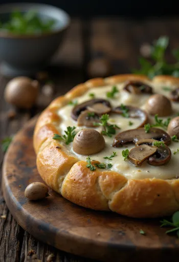 Focaccia með rjómalöguðum sveppum og hvítlauk á borði
