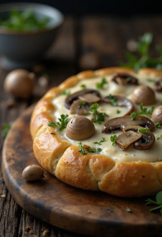 Focaccia með rjómalöguðum sveppum og hvítlauk á borði